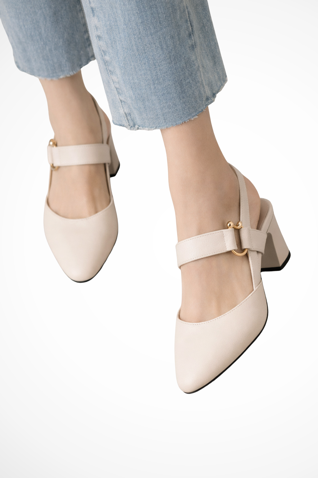 Slingback Block Heel Mary Jane Pumps with Gold Detail