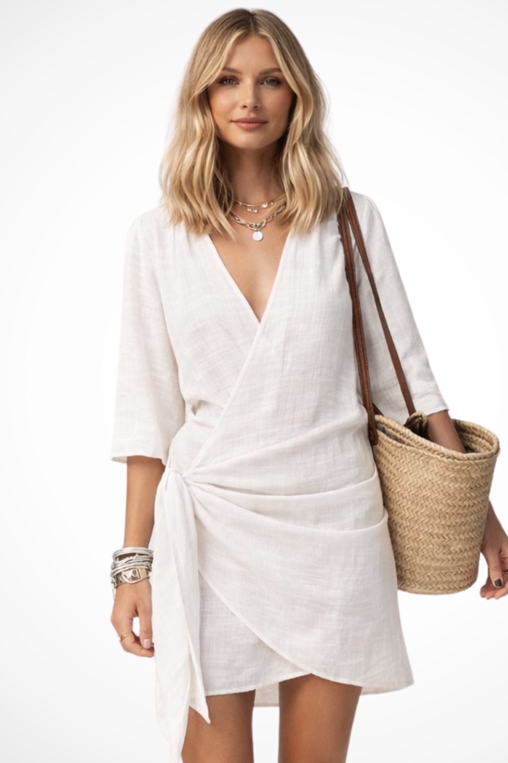 Wrap Linen Mini Dress with Tie Waist and Short Sleeves