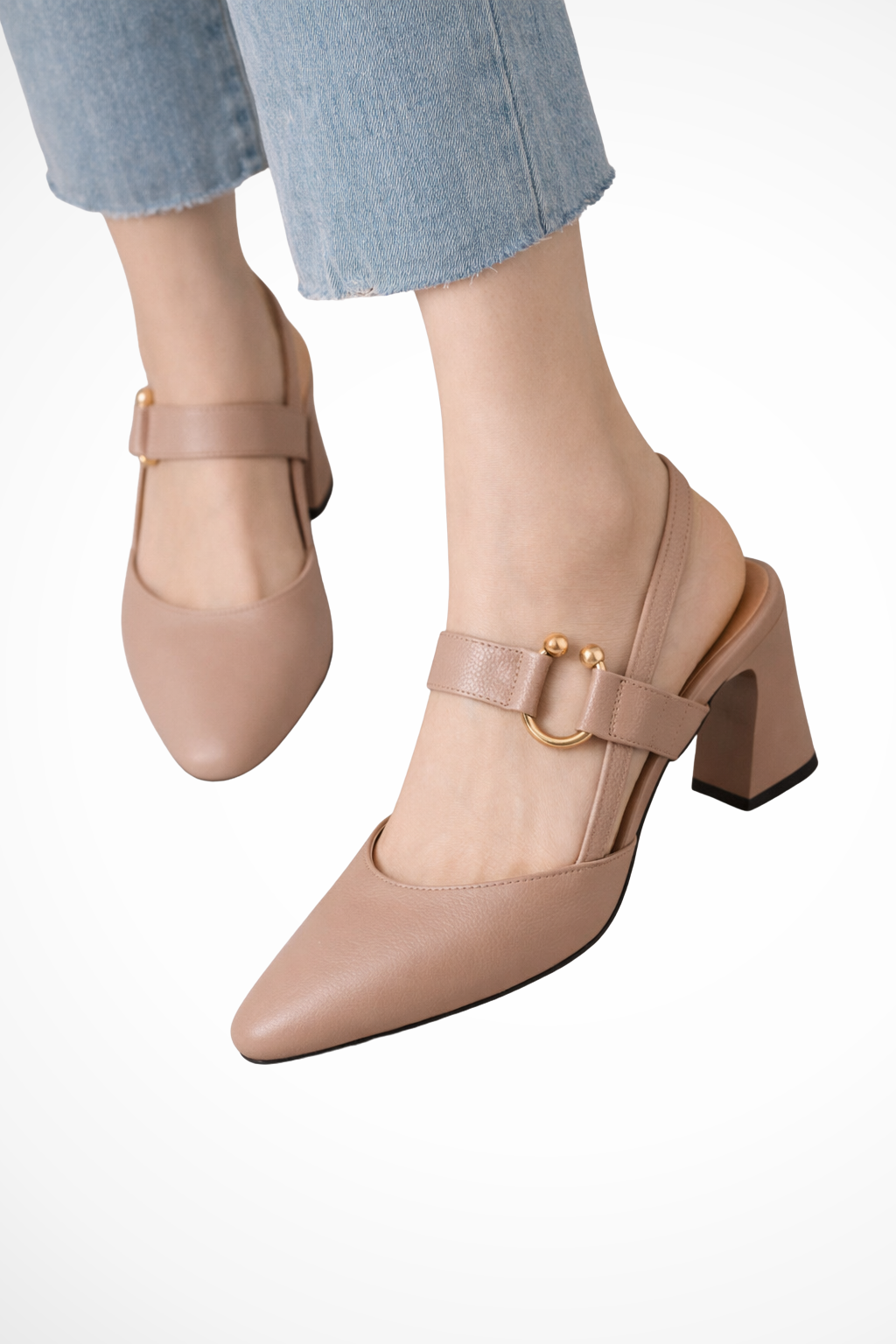 Slingback Block Heel Mary Jane Pumps with Gold Detail