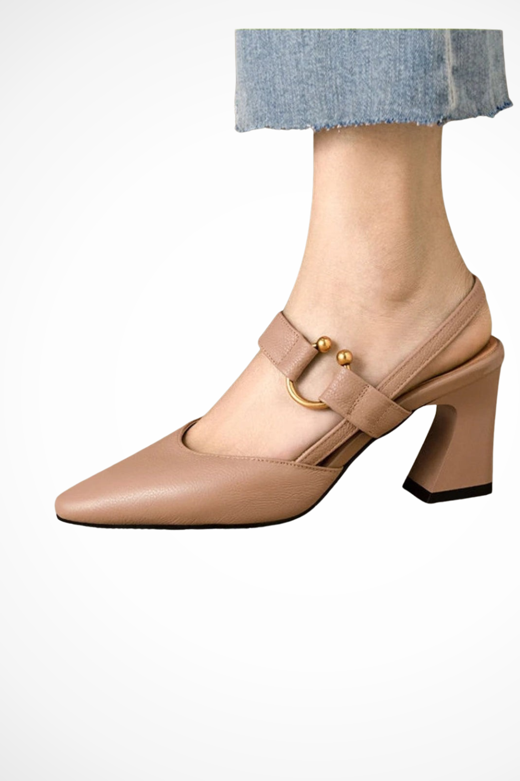 Slingback Block Heel Mary Jane Pumps with Gold Detail
