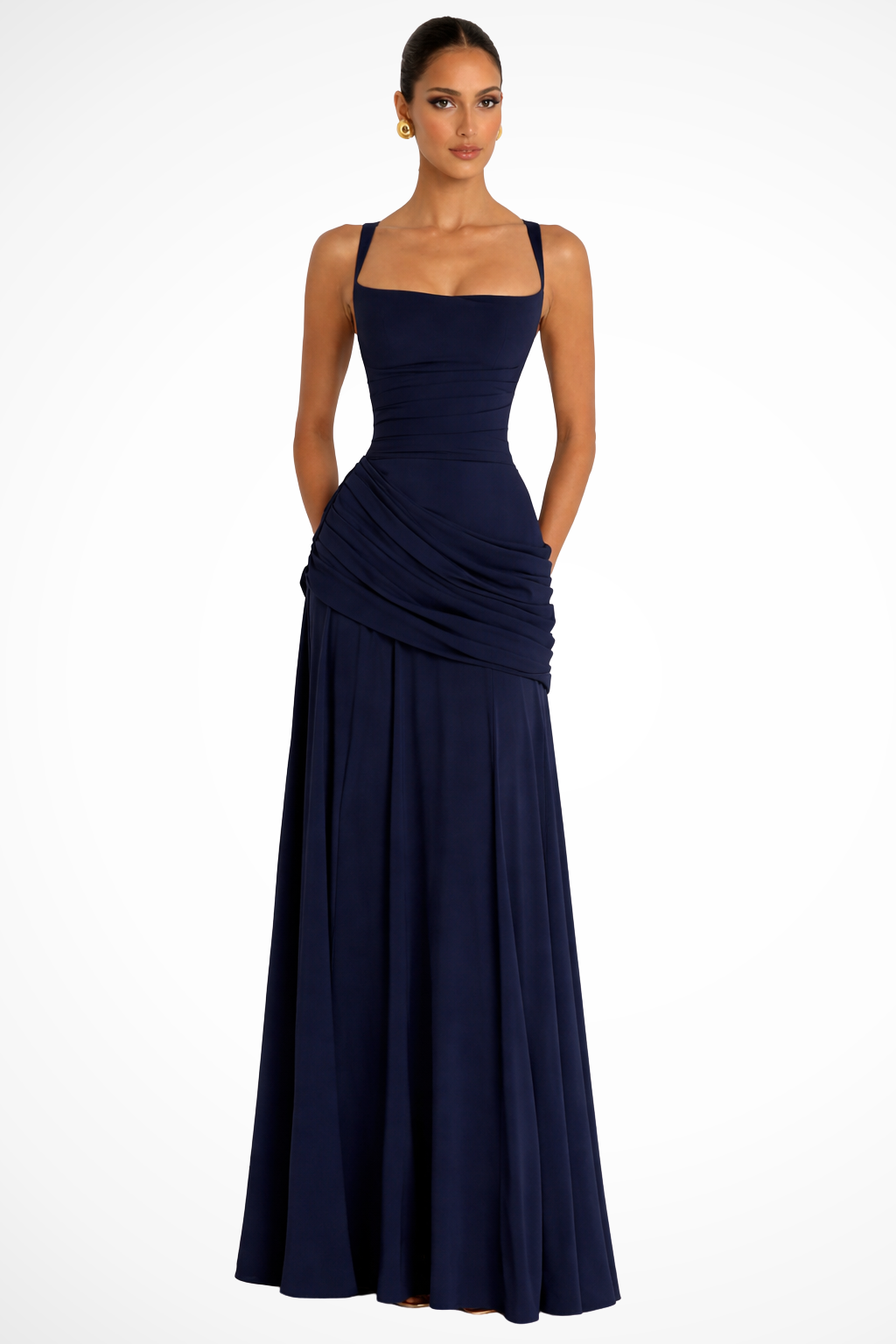 Square Neck Ruched A-Line Maxi Dress for Wedding Guests