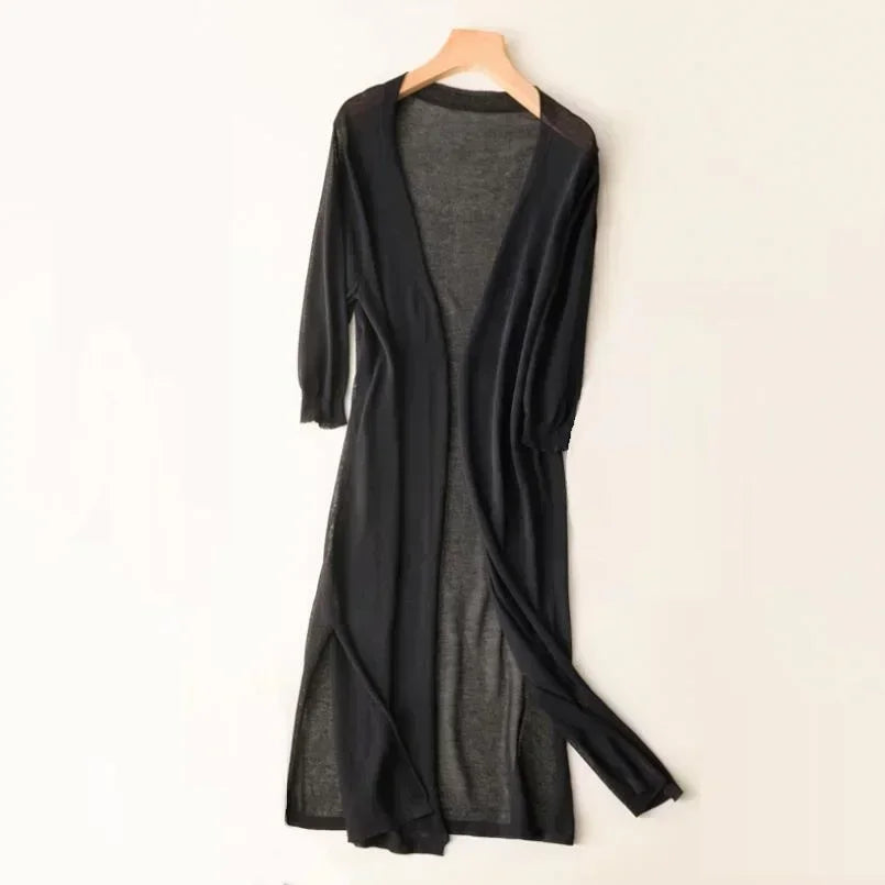 Lightweight Long Open-Front Cardigan with Side Splits