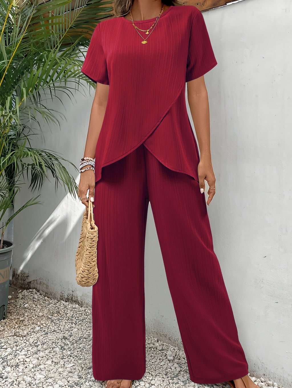 Patricia Elegant Comfort Two-Piece Set | Relaxed Wide-Leg Pants and Overlap Top for Women