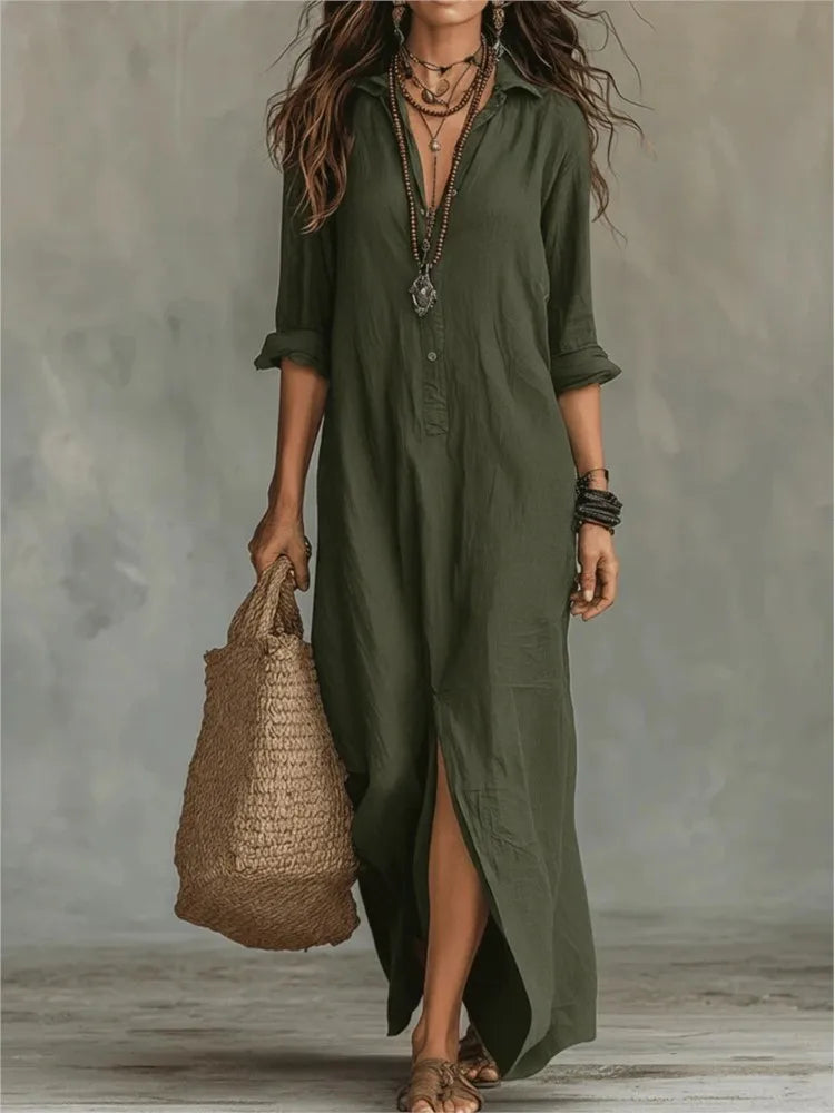 Linen Ankle-Length Long Shirt Dress with Three-Quarter Sleeves