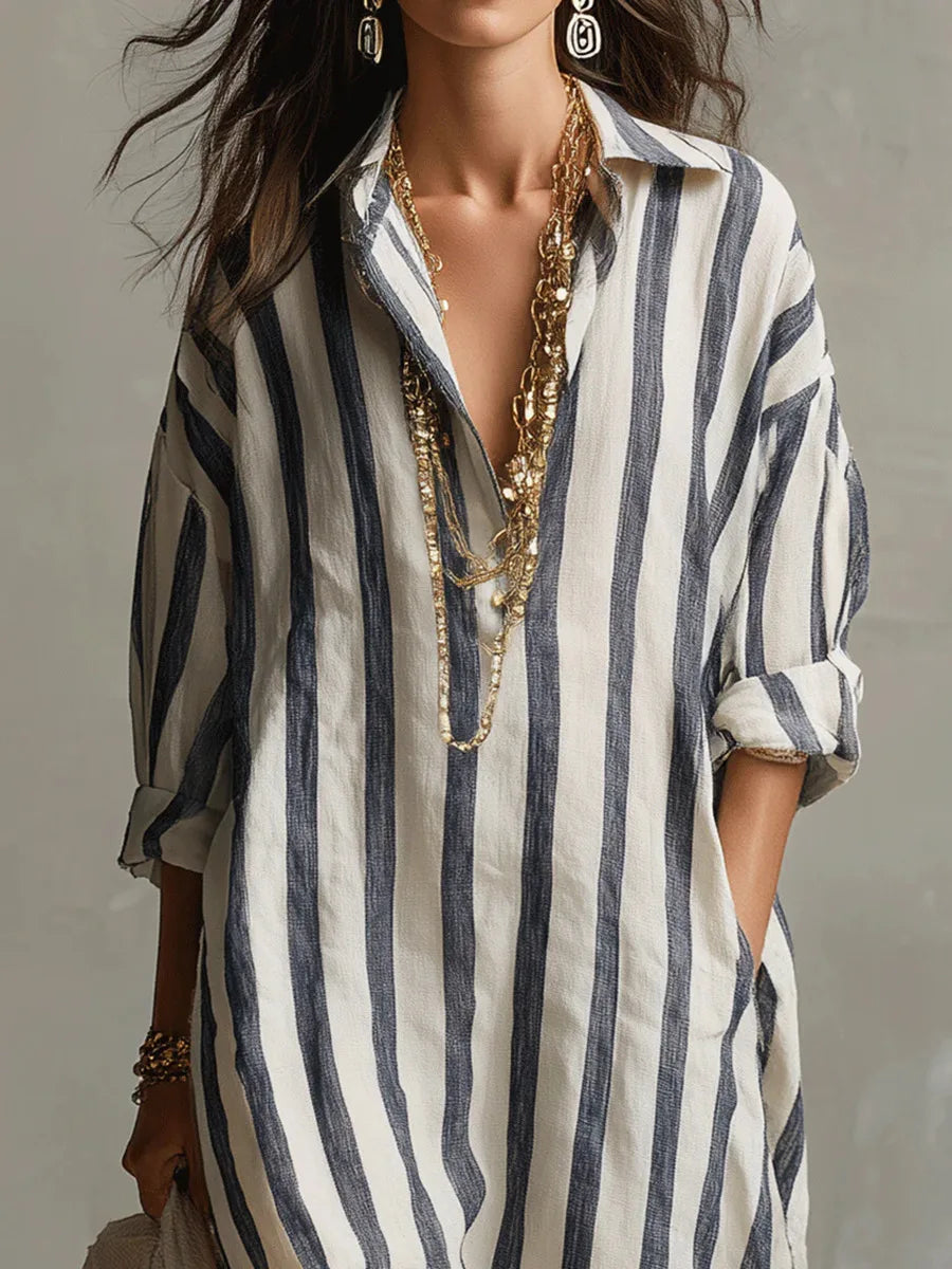 Striped Linen Blend Relaxed Long Shirt Dress with V-Neck