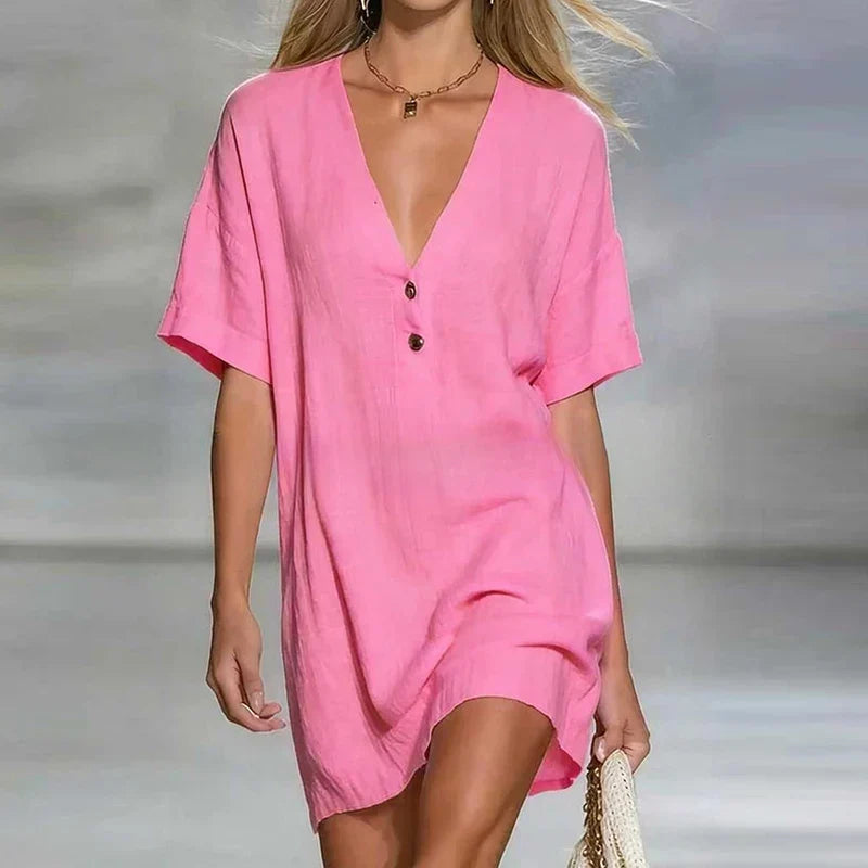 V-Neck Linen Blend Shirt Dress with Button Detail