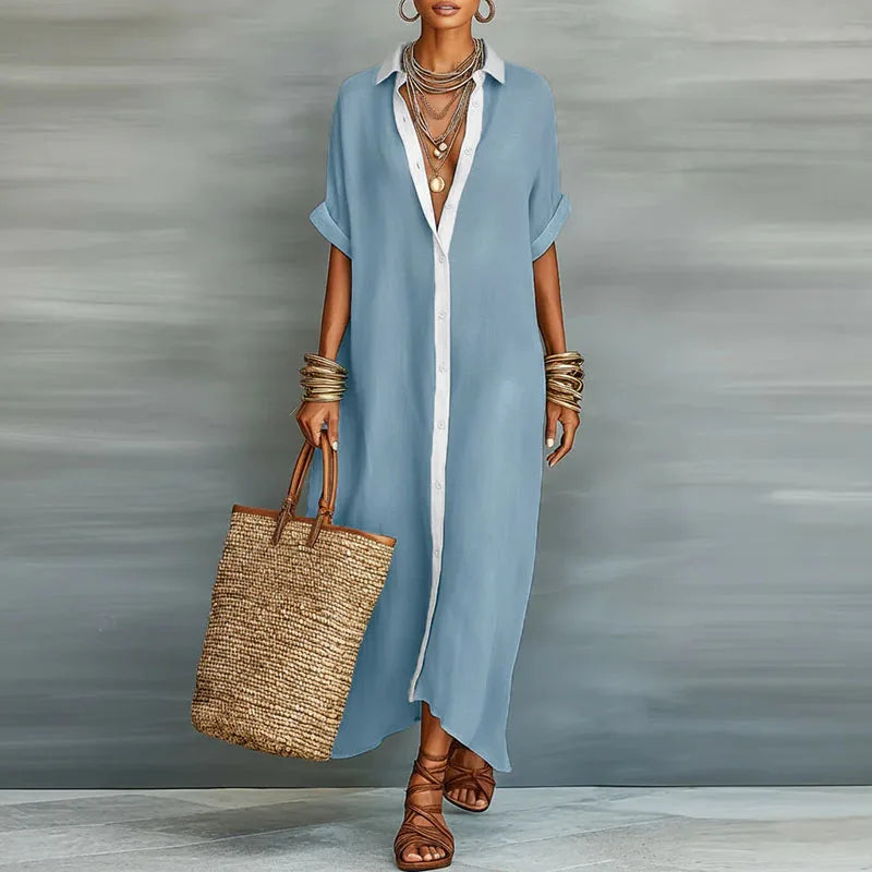 Linen Blend Maxi Shirt Dress with Button-Down Front