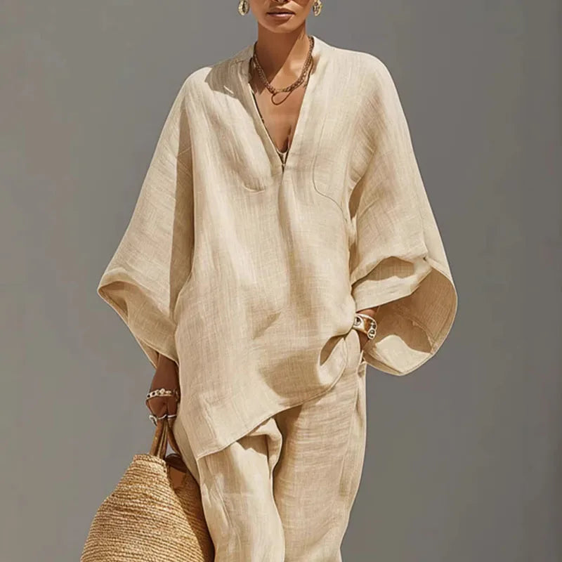 Linen Batwing Two-Piece Set with Tapered Pants & Pockets