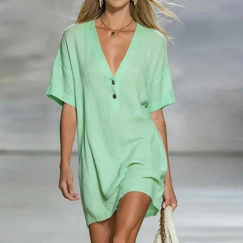 V-Neck Linen Blend Shirt Dress with Button Detail