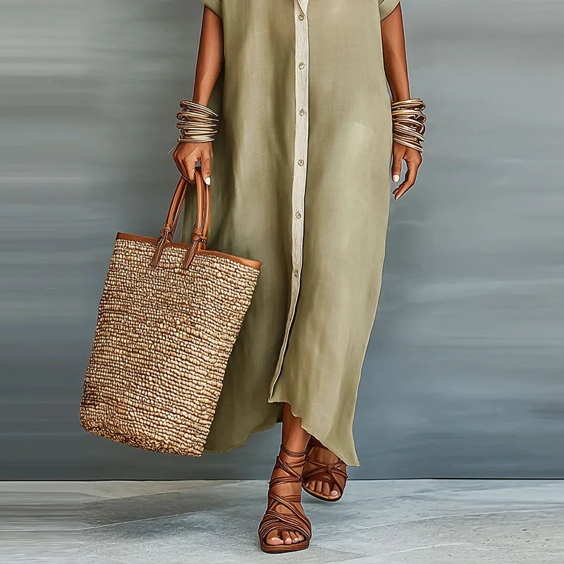 Linen Blend Maxi Shirt Dress with Button-Down Front