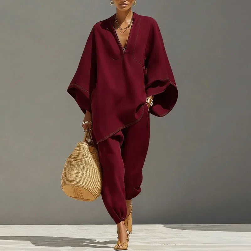 Linen Batwing Two-Piece Set with Tapered Pants & Pockets
