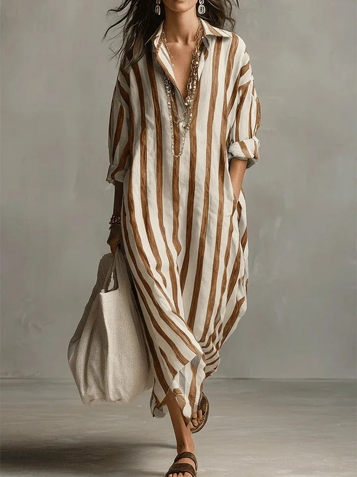 Striped Linen Blend Relaxed Long Shirt Dress with V-Neck