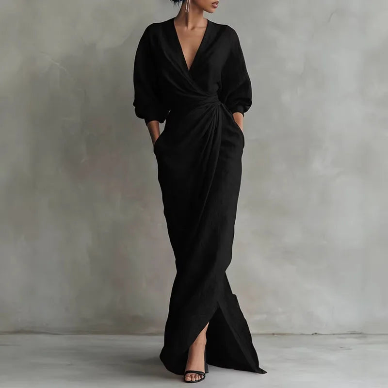 V-Neck Wrap Waist Long Sleeve Maxi Dress With Front Slit