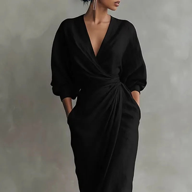 V-Neck Wrap Waist Long Sleeve Maxi Dress With Front Slit
