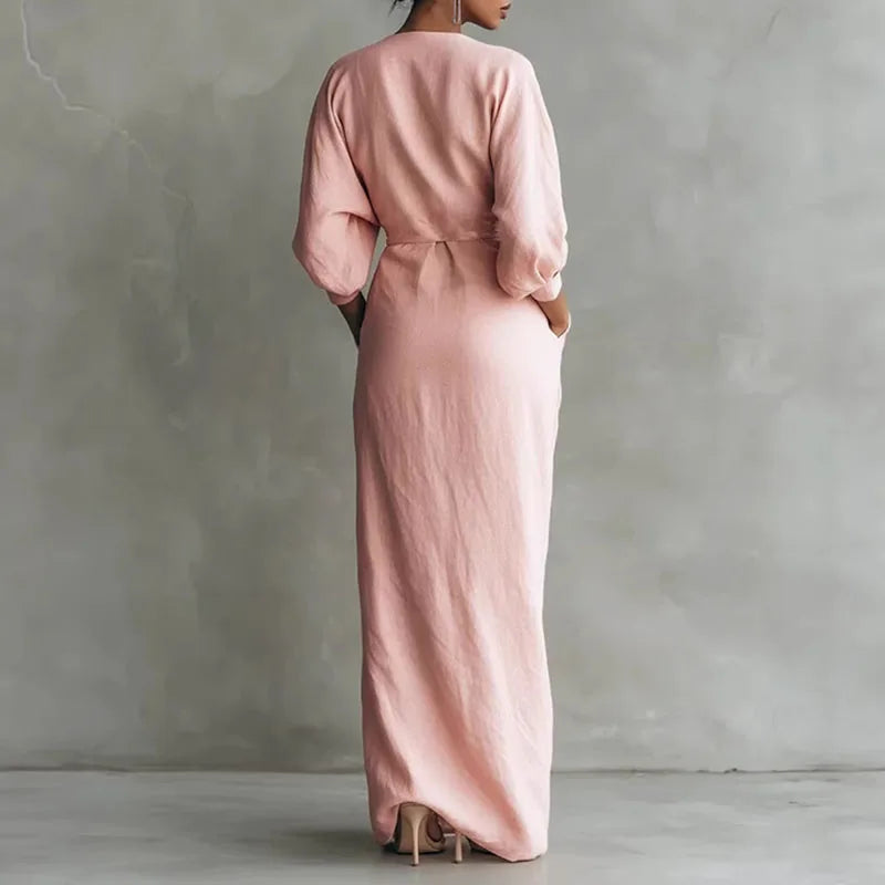 V-Neck Wrap Waist Long Sleeve Maxi Dress With Front Slit