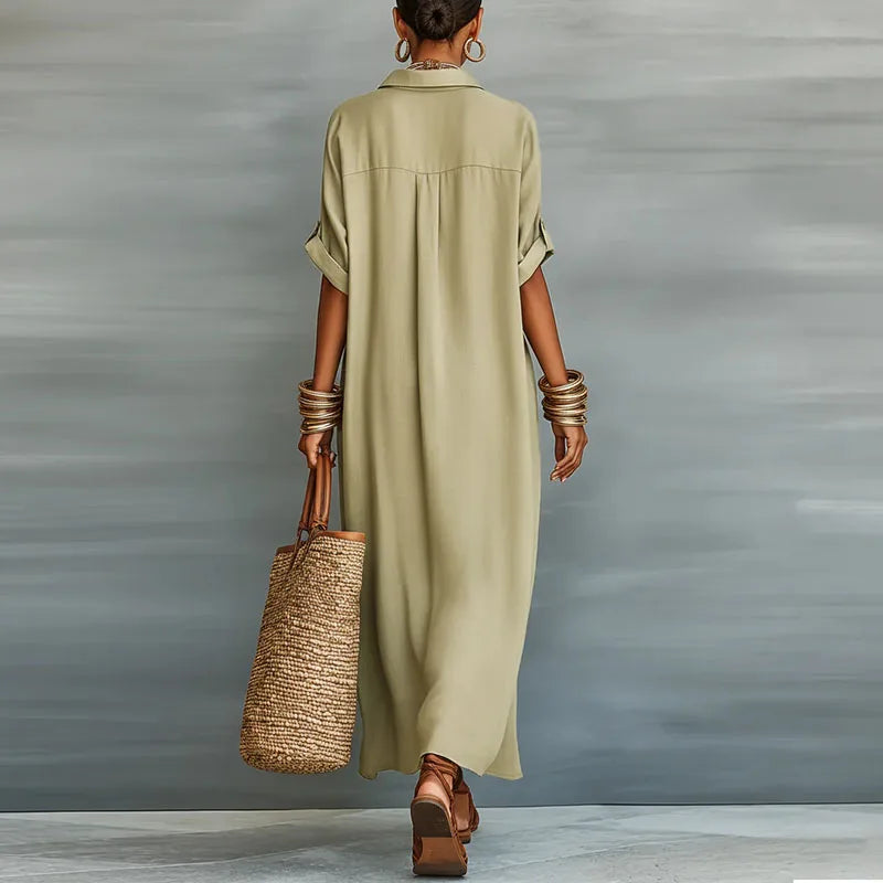 Linen Blend Maxi Shirt Dress with Button-Down Front