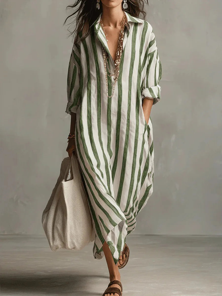 Striped Linen Blend Relaxed Long Shirt Dress with V-Neck