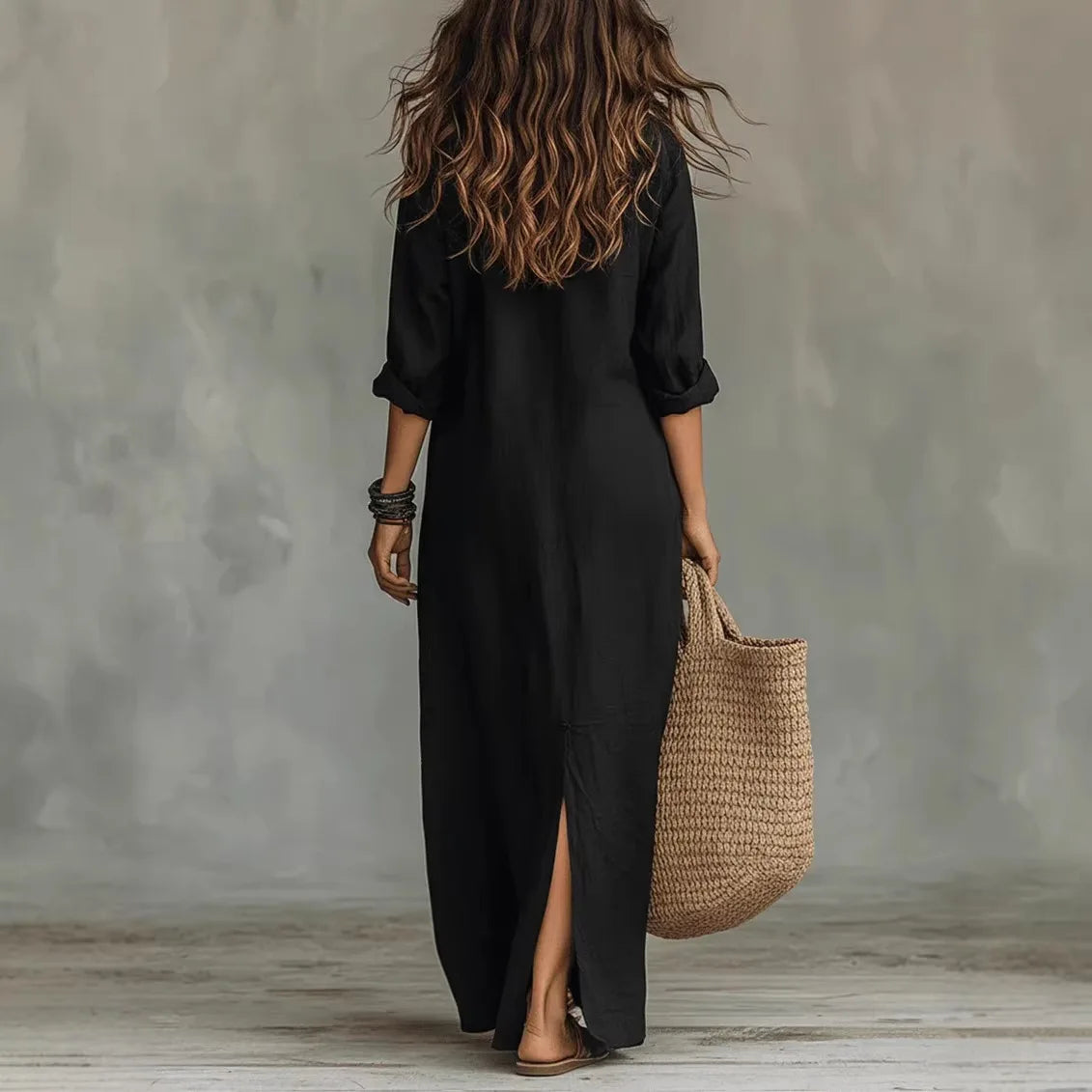 Linen Ankle-Length Long Shirt Dress with Three-Quarter Sleeves