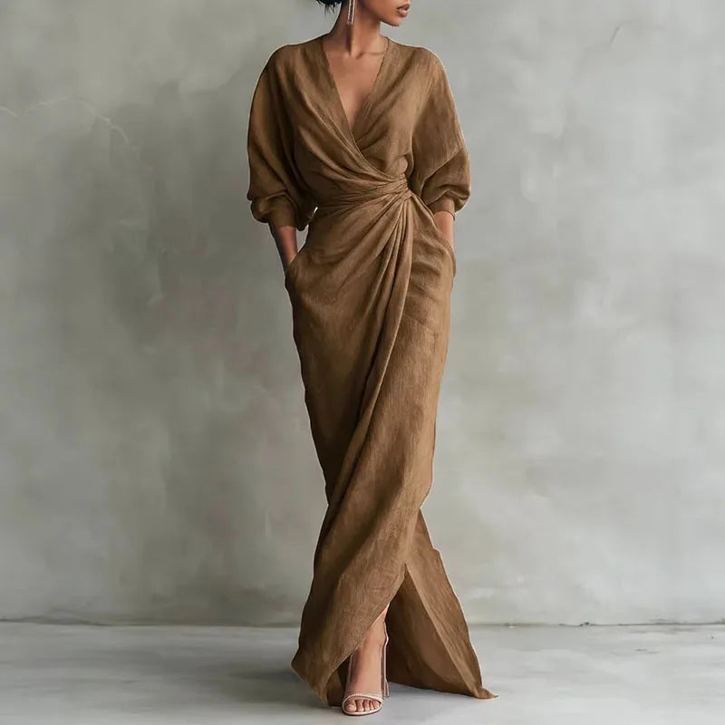 V-Neck Wrap Waist Long Sleeve Maxi Dress With Front Slit
