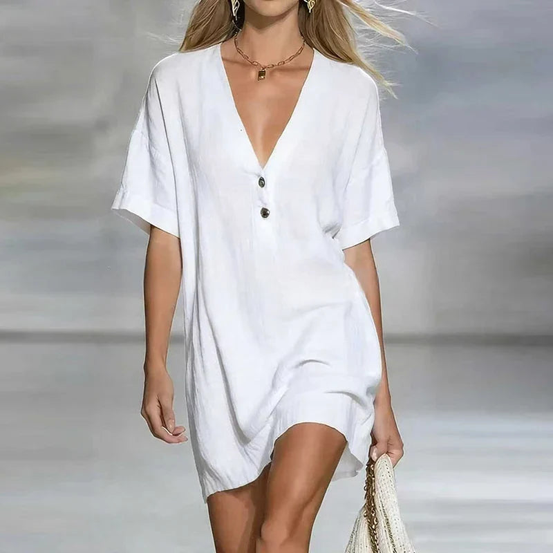 V-Neck Linen Blend Shirt Dress with Button Detail