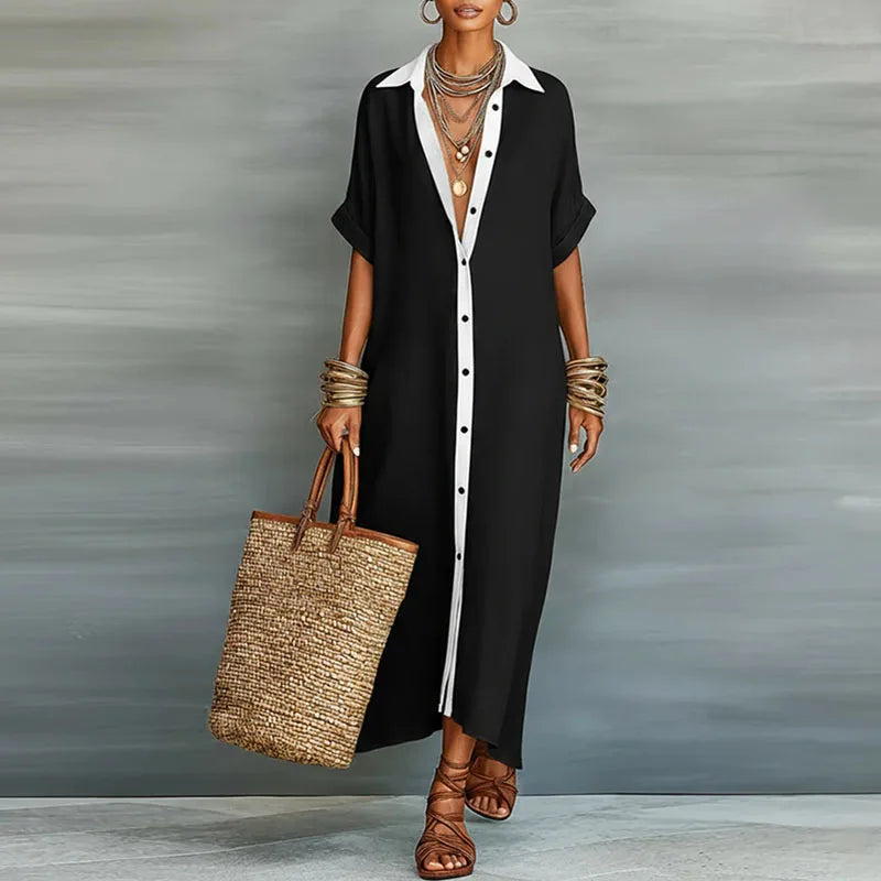 Linen Blend Maxi Shirt Dress with Button-Down Front
