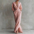 V-Neck Wrap Waist Long Sleeve Maxi Dress With Front Slit