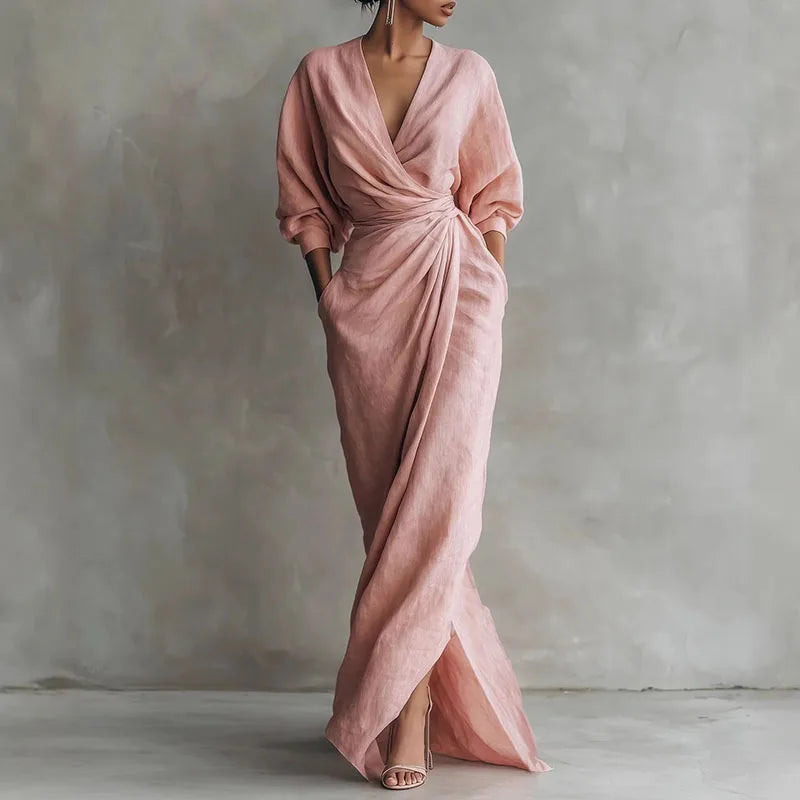 V-Neck Wrap Waist Long Sleeve Maxi Dress With Front Slit