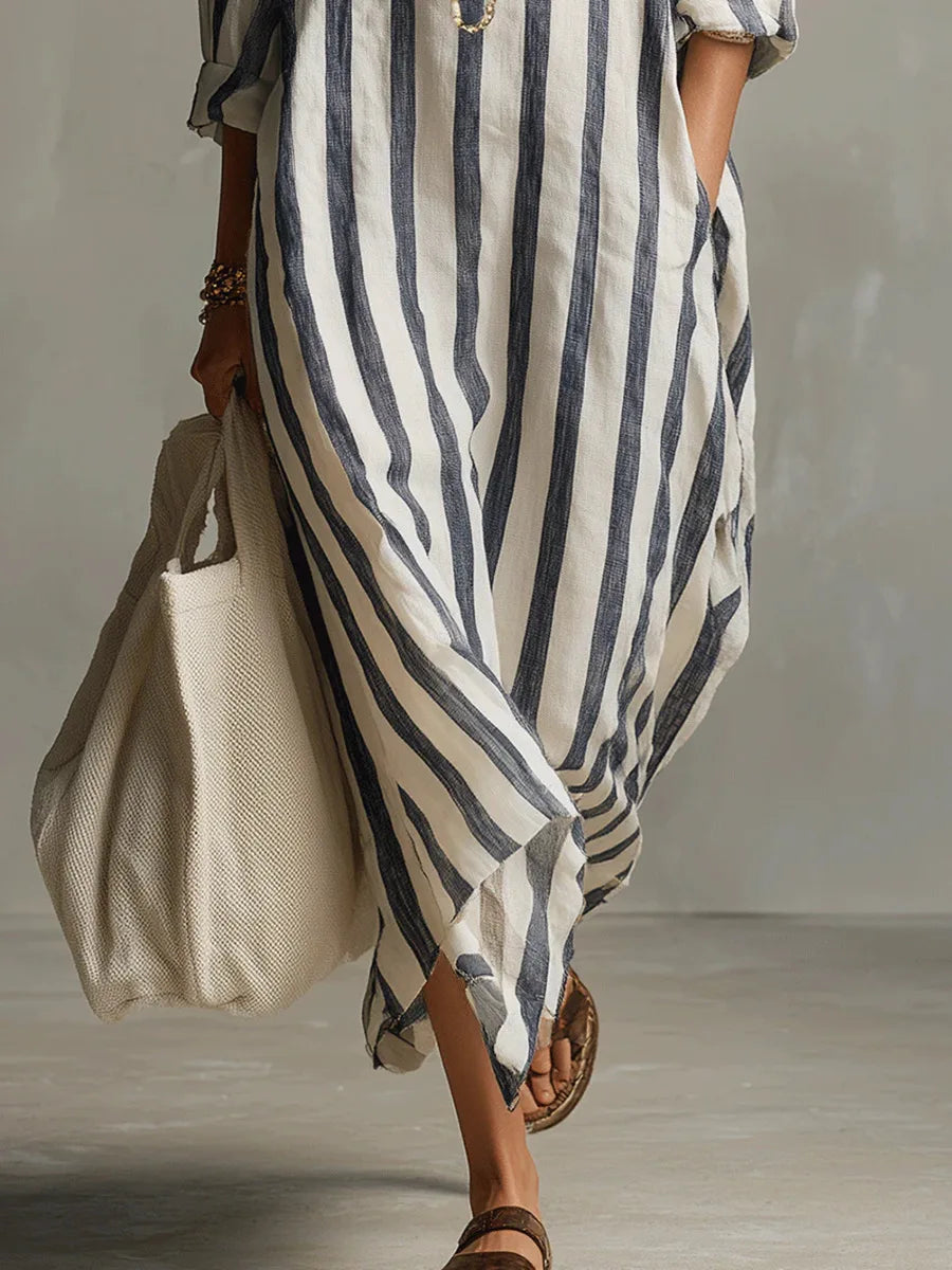 Striped Linen Blend Relaxed Long Shirt Dress with V-Neck