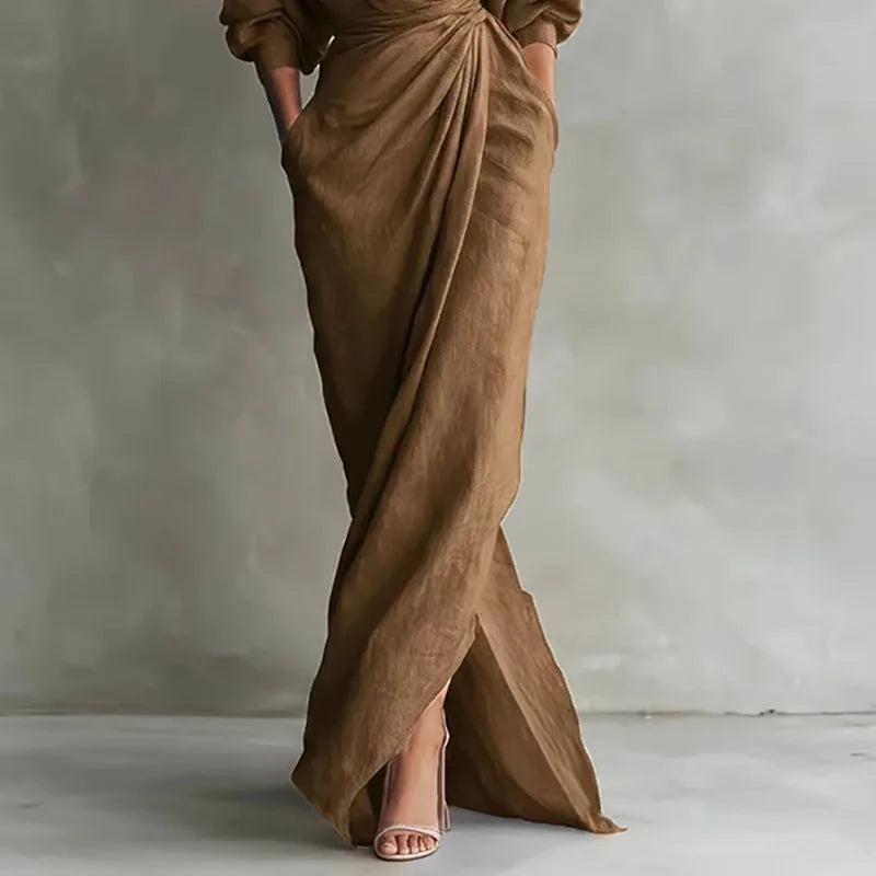 V-Neck Wrap Waist Long Sleeve Maxi Dress With Front Slit