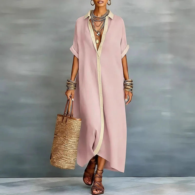 Linen Blend Maxi Shirt Dress with Button-Down Front