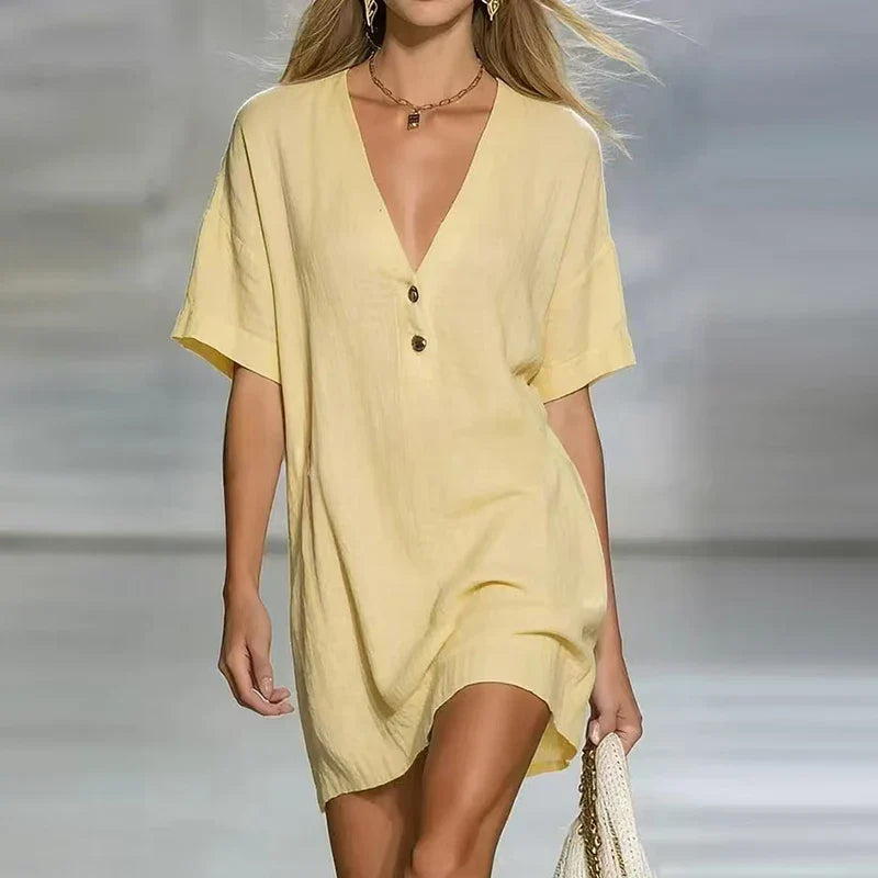 V-Neck Linen Blend Shirt Dress with Button Detail