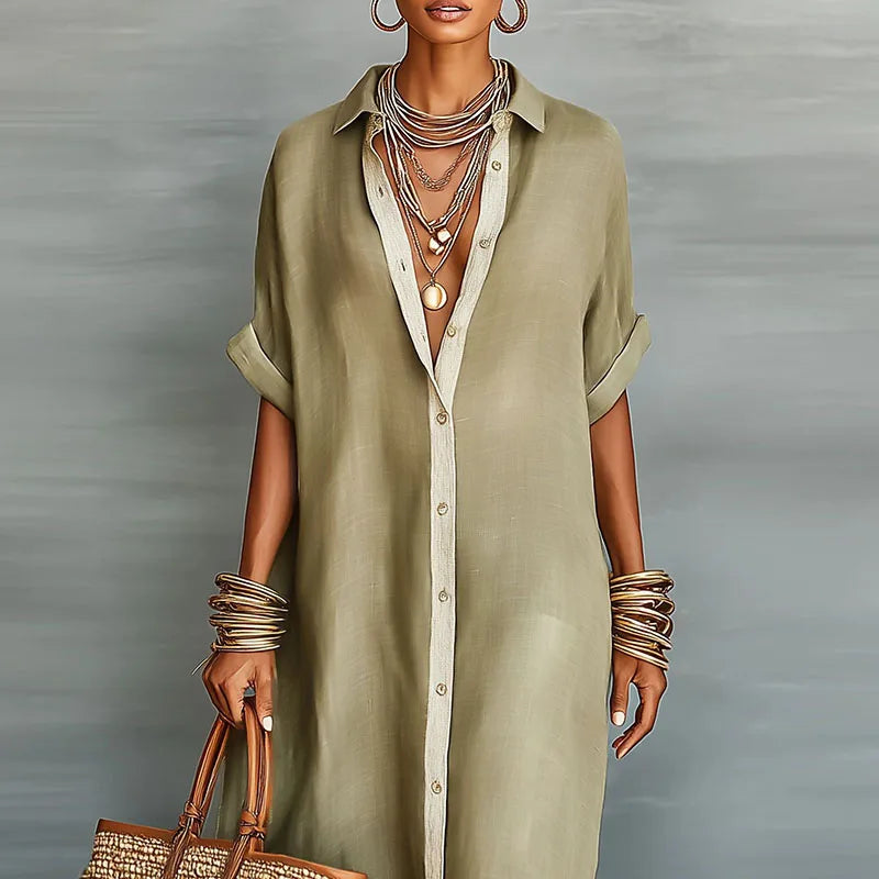 Linen Blend Maxi Shirt Dress with Button-Down Front