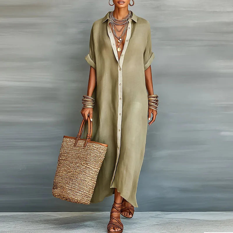 Linen Blend Maxi Shirt Dress with Button-Down Front