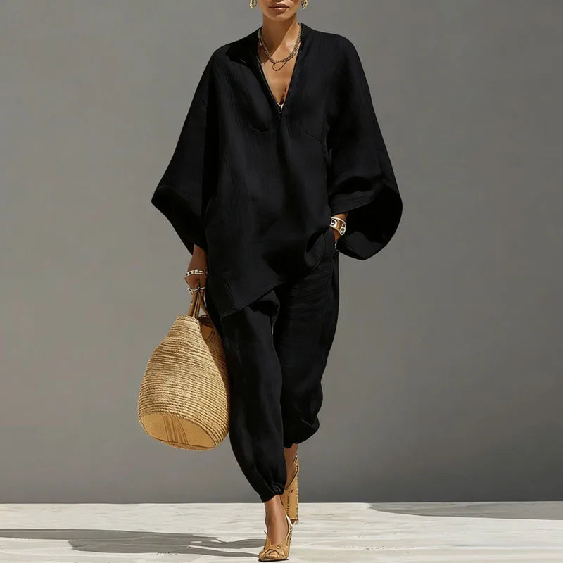Linen Batwing Two-Piece Set with Tapered Pants & Pockets