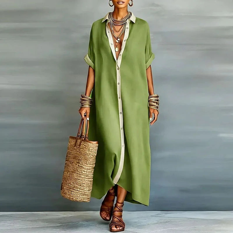 Linen Blend Maxi Shirt Dress with Button-Down Front