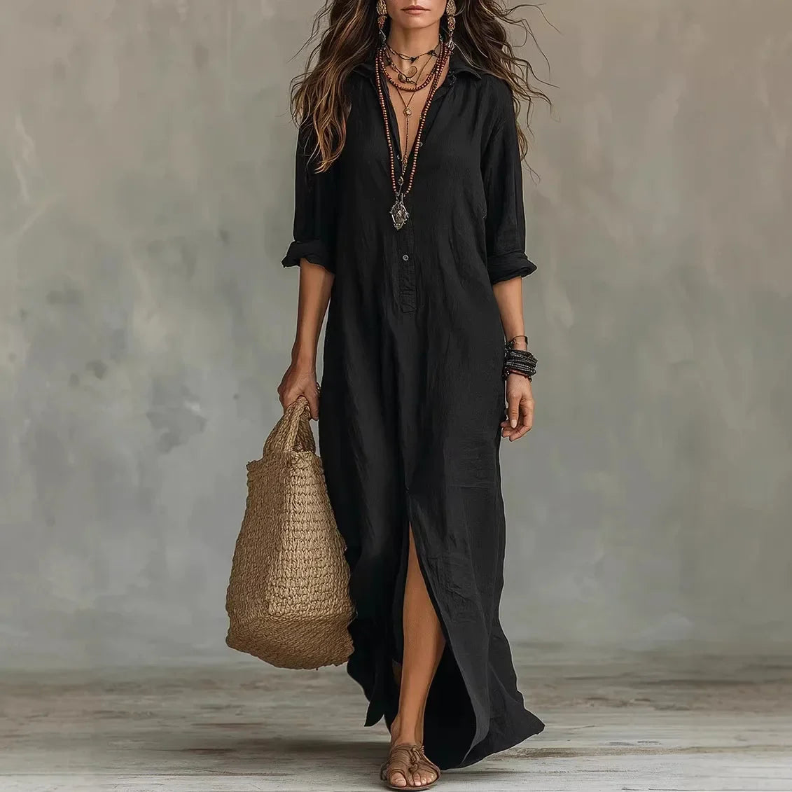 Linen Ankle-Length Long Shirt Dress with Three-Quarter Sleeves