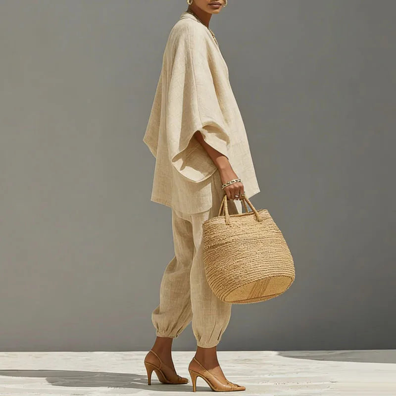 Linen Batwing Two-Piece Set with Tapered Pants & Pockets