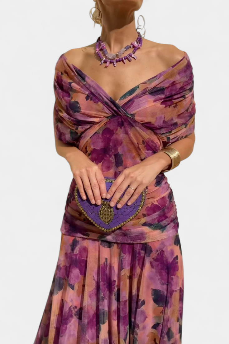 Alondra Long Floral Dress with V-Neck - Flowing Romantic Maxi Dress for Women