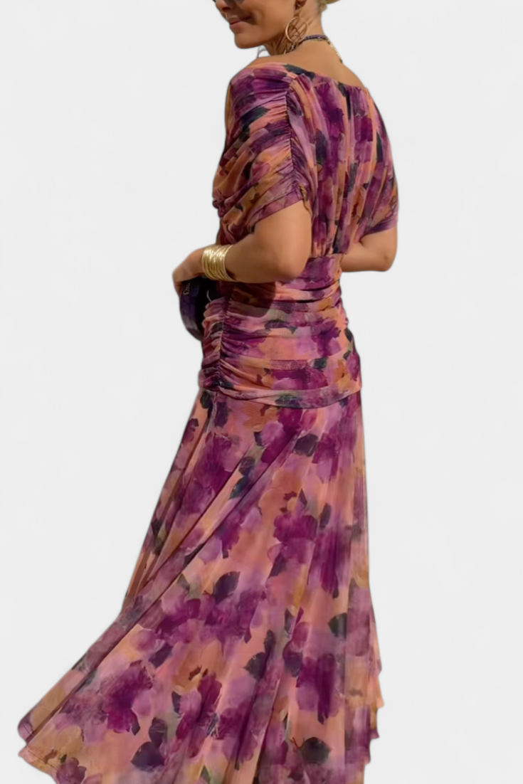 Alondra Long Floral Dress with V-Neck - Flowing Romantic Maxi Dress for Women