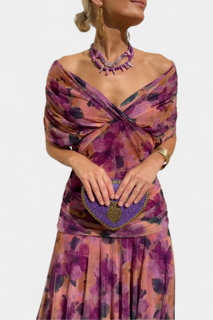 Alondra Long Floral Dress with V-Neck - Flowing Romantic Maxi Dress for Women