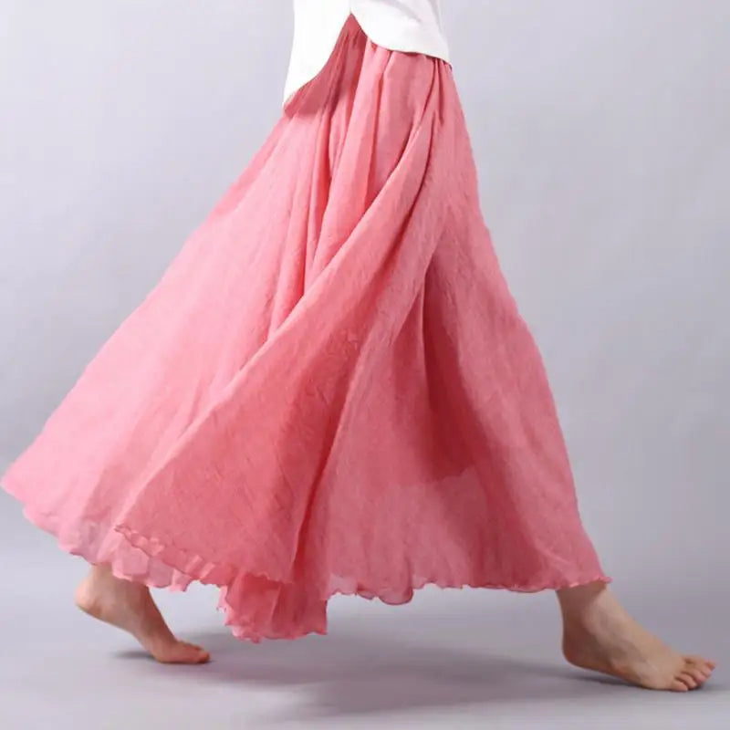Flowy A-Line Linen Skirt with High-Rise Gathered Waist
