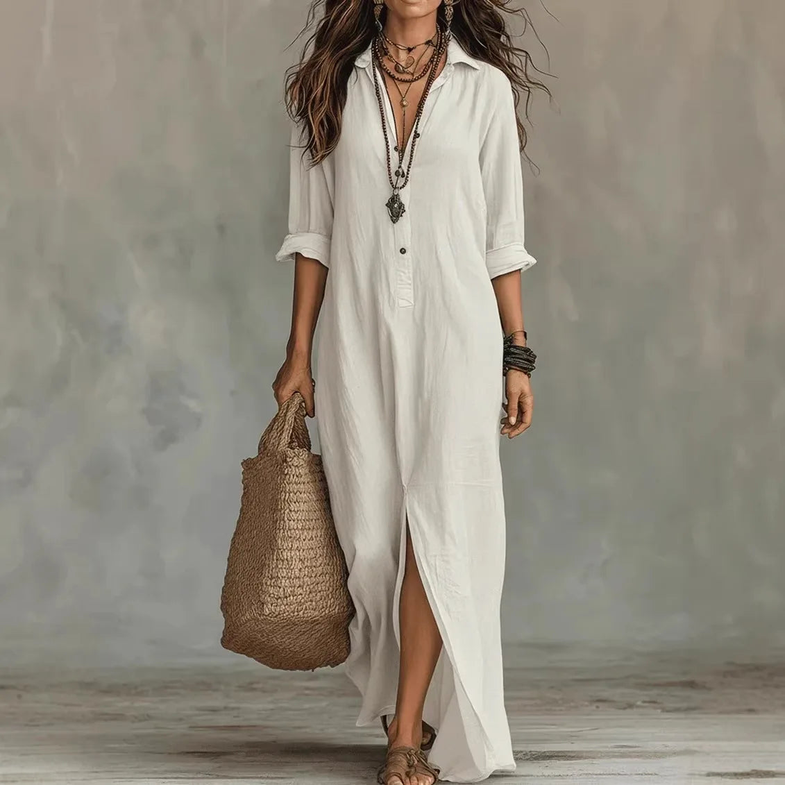 Linen Ankle-Length Long Shirt Dress with Three-Quarter Sleeves