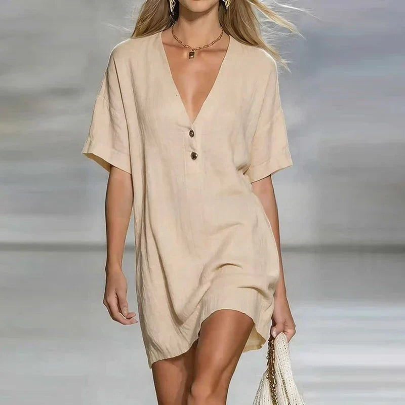 V-Neck Linen Blend Shirt Dress with Button Detail