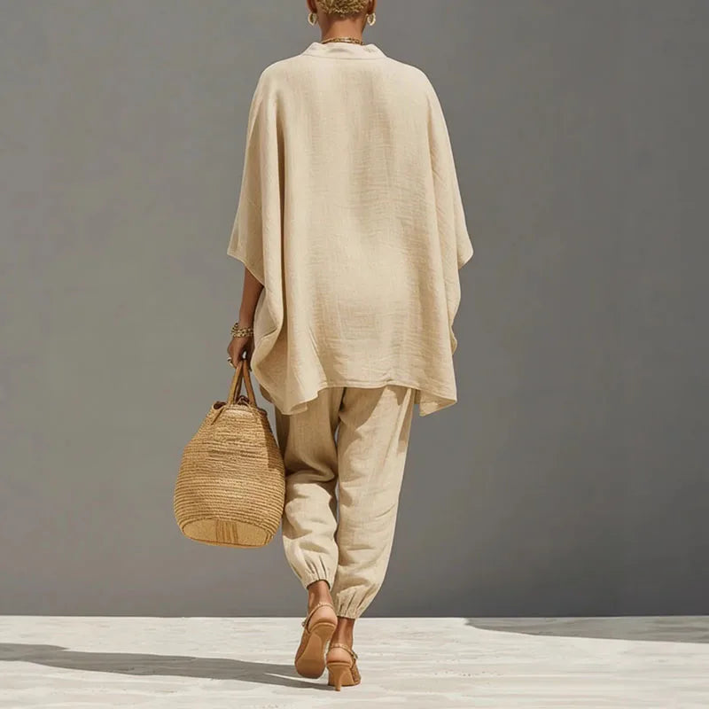 Linen Batwing Two-Piece Set with Tapered Pants & Pockets