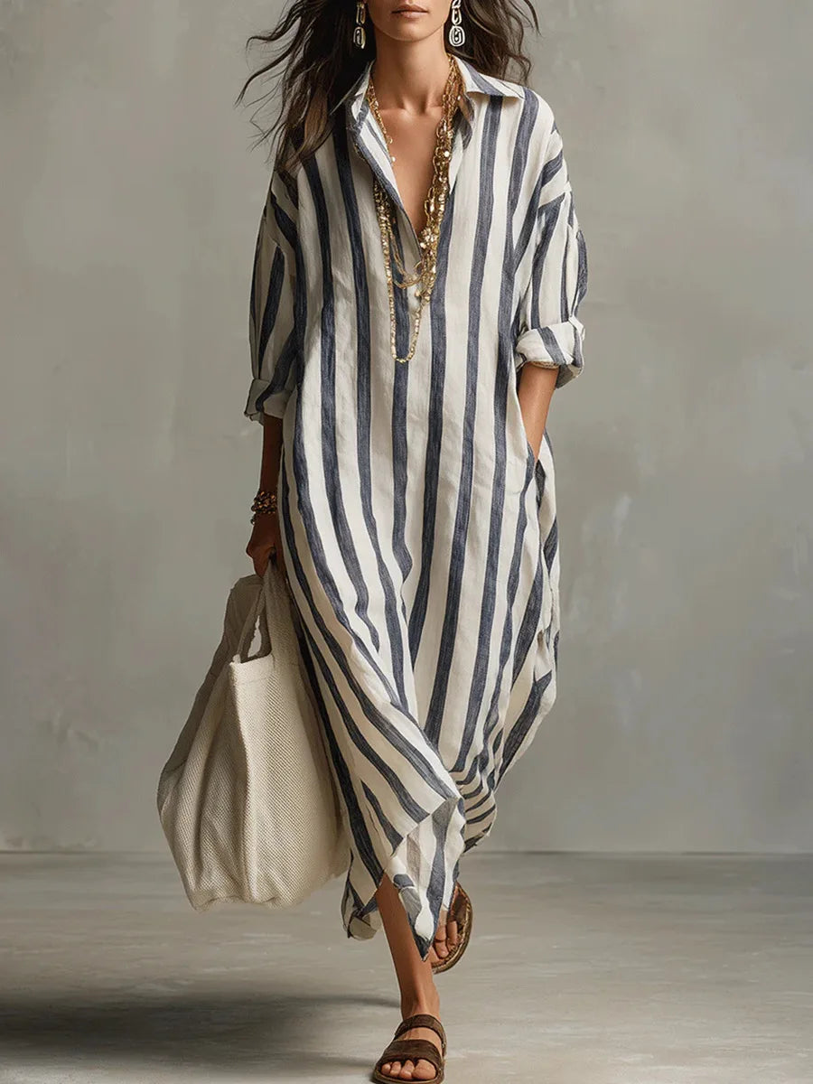 Striped Linen Blend Relaxed Long Shirt Dress with V-Neck