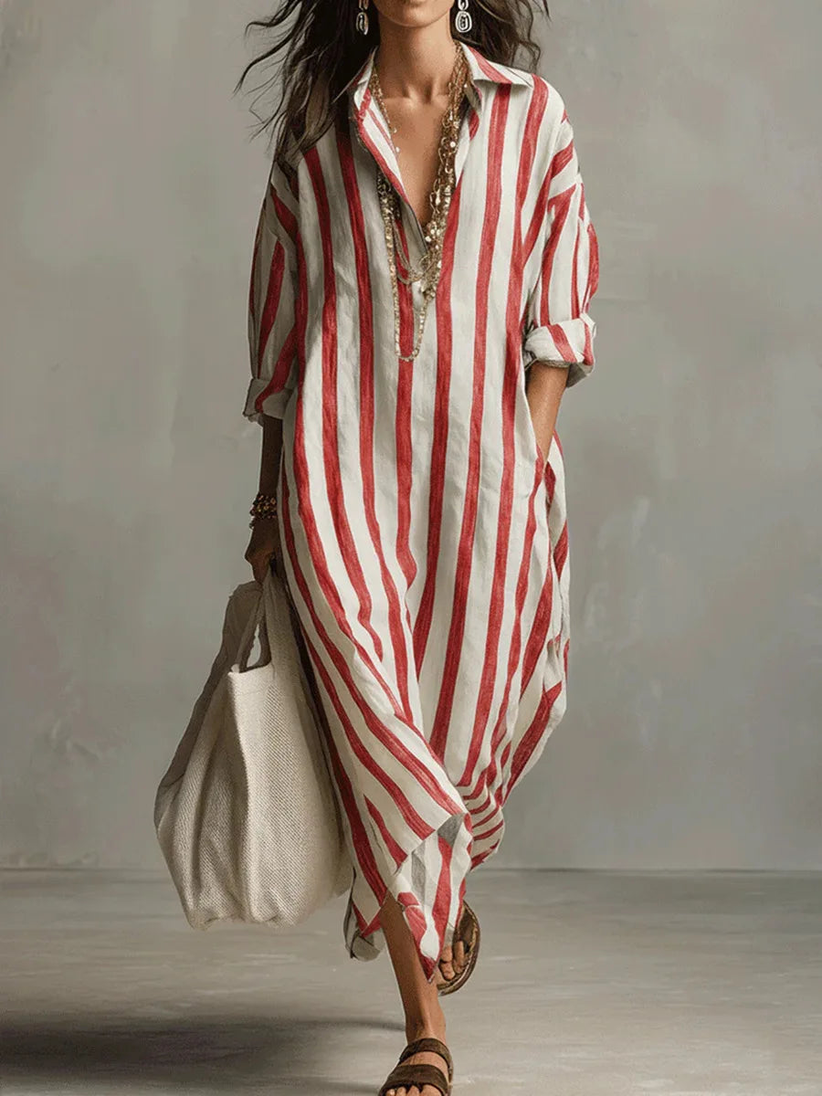 Striped Linen Blend Relaxed Long Shirt Dress with V-Neck