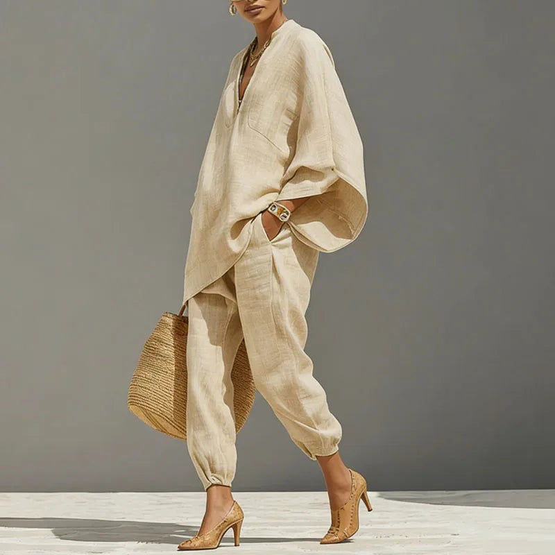 Linen Batwing Two-Piece Set with Tapered Pants & Pockets