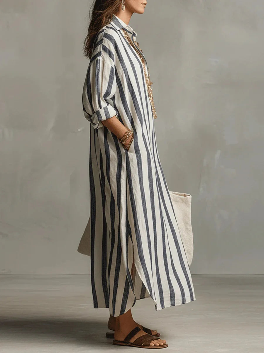 Striped Linen Blend Relaxed Long Shirt Dress with V-Neck