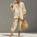 Linen Batwing Two-Piece Set with Tapered Pants & Pockets