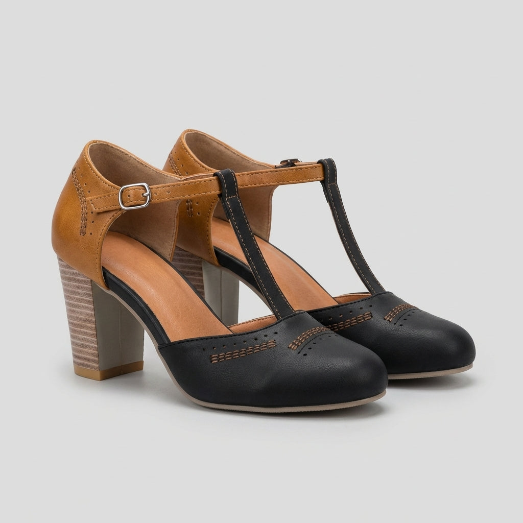 T-Strap Block Heel Pumps – Elegant Casual Comfort Dress Shoes